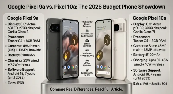 Google Pixel 9a vs Pixel 10a 2026 comparison infographic showing specs differences including display brightness, charging speed, Gorilla Glass, and Satellite SOS