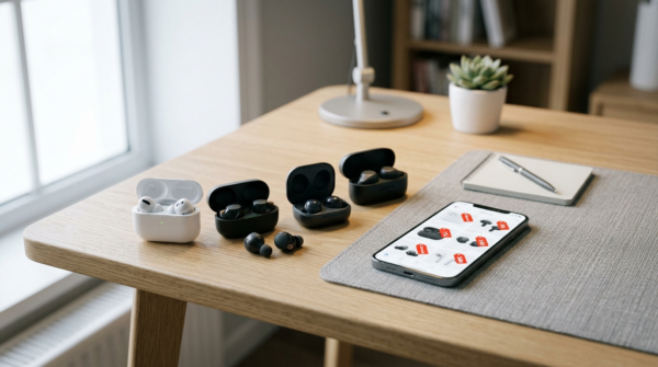 A collection of top-rated wireless earbuds and a smartphone showing discount tags on a modern desk, representing the best earbuds deals in 2026.